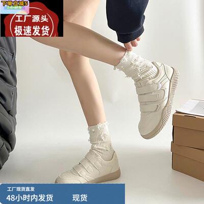 2025新款魔术贴板鞋子女百搭圆头休闲春秋季面包鞋透气运动小白鞋