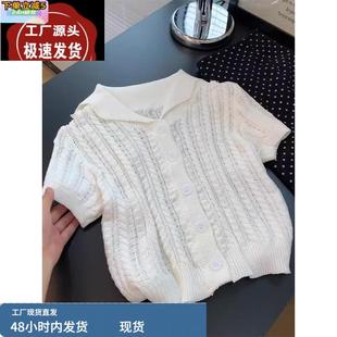 正肩t恤韩系上衣女新款 显瘦小众别致白色香风娃娃领冰丝针织短袖