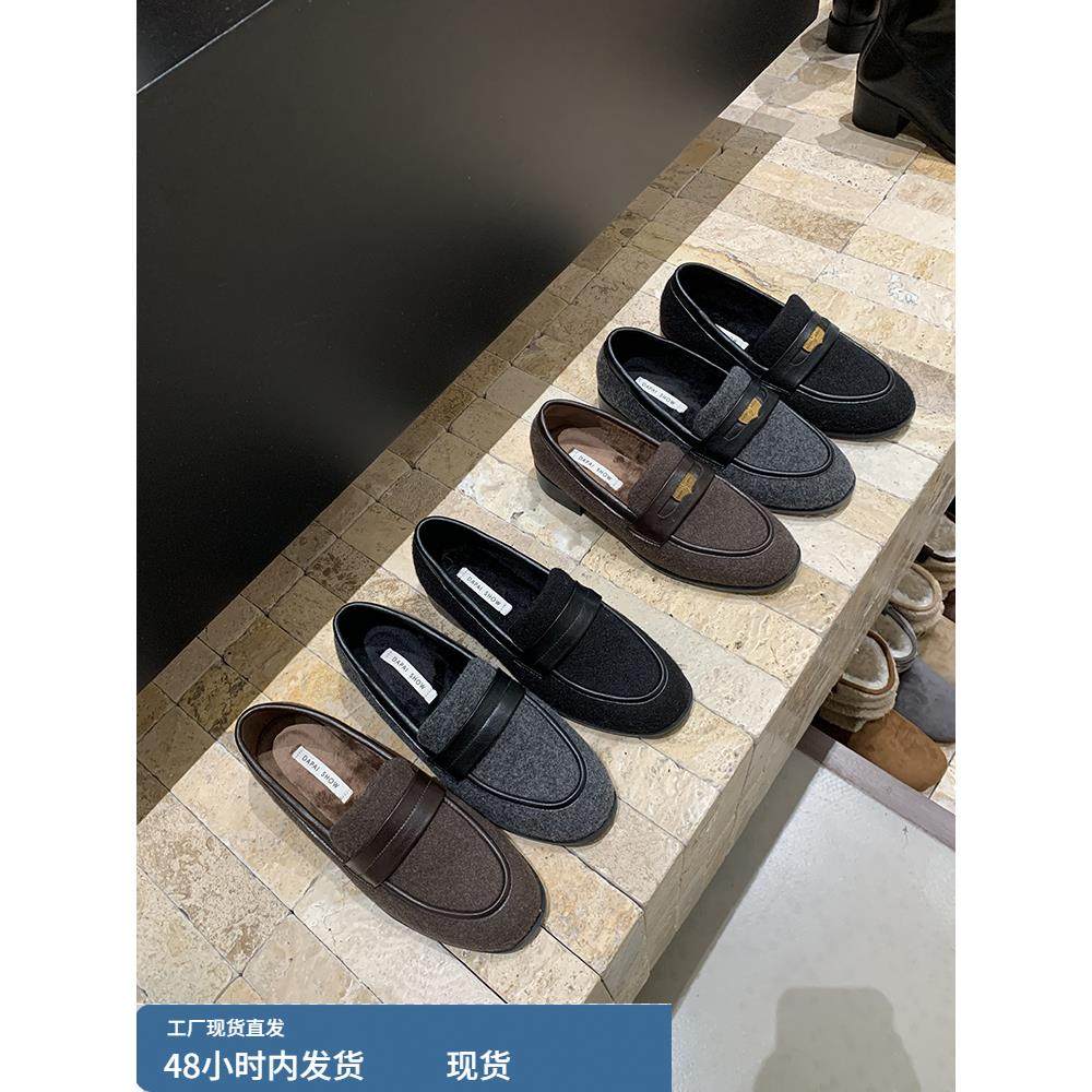 高级感灰色毛呢单鞋金币乐福鞋女秋冬一脚蹬豆豆鞋粗跟加绒女鞋子