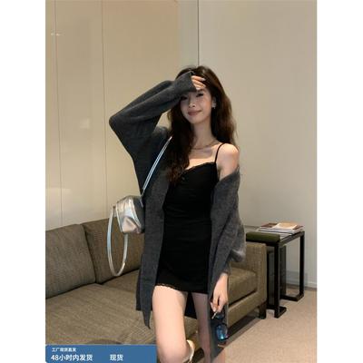 纯欲性感套装修身短款吊带连衣裙女秋冬季中长款针织毛衣外套开衫