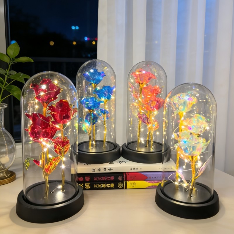 3朵金箔永生花玫瑰玻璃罩摆件母亲节礼品七夕圣诞情人节礼物