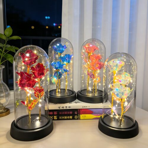 3朵金箔永生花玫瑰玻璃罩摆件母亲节礼品七夕圣诞情人节礼物
