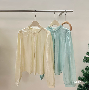 春季新品/韩版衬衫立领褶皱设计发式甜美衬衣上衣纽扣长袖