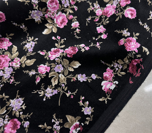 优雅复古黑底全棉平绒玫红色蔷薇花中国风布料 旗袍 连衣裙汉服