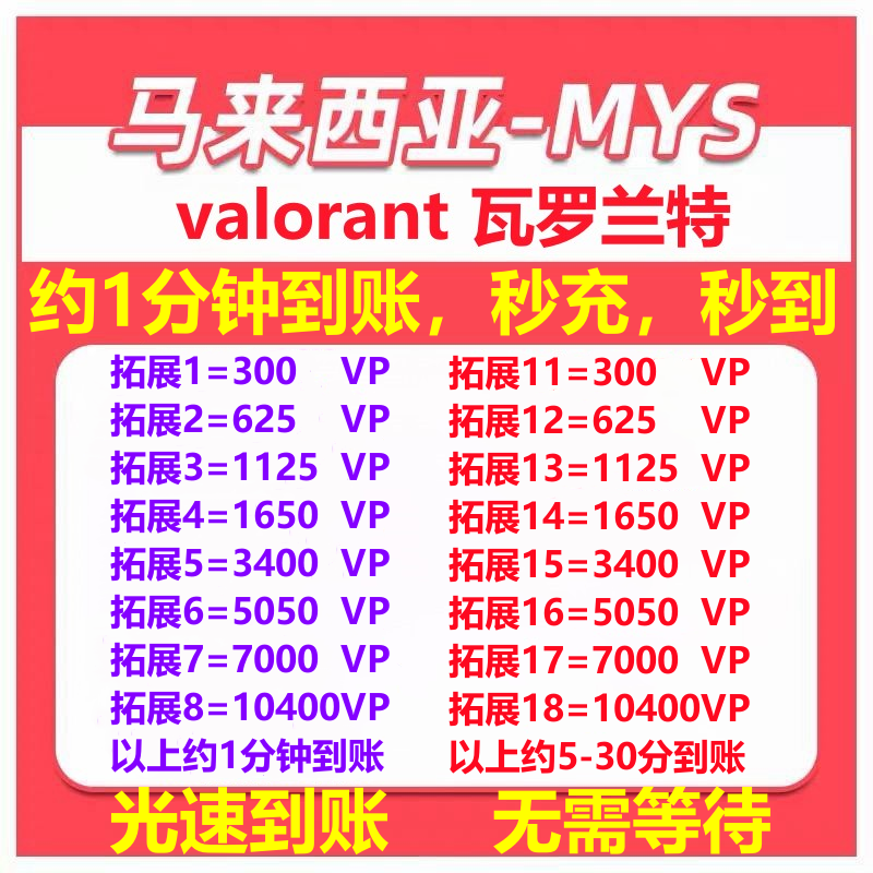 Valorant瓦罗兰特代充马来西亚vp点数充值无畏契约马来服代充-封面