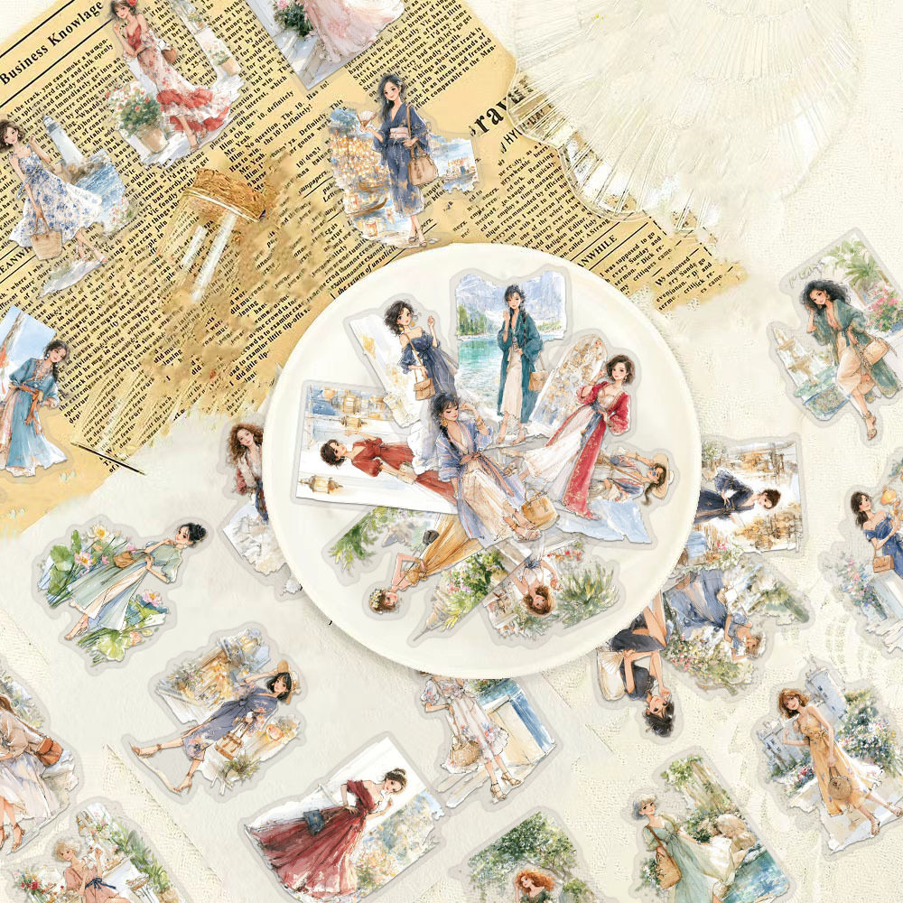 100张卡通女孩旅游拍照插画贴画