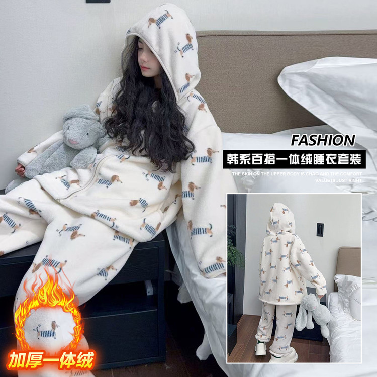 女童家居服套装2025秋冬新款儿童洋气卡通连帽加绒加厚保暖睡衣