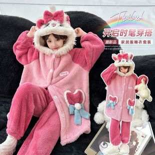 女童秋冬睡衣2025冬季新款珊瑚绒家居服女大童加厚睡袍半边绒套装