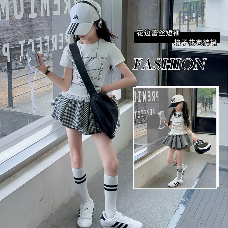 女童夏款套装2025新款女孩花边蕾丝短袖儿童洋气花苞裙裤两件套