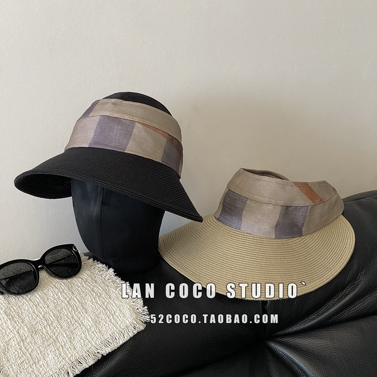 韩国进口格纹空顶帽防晒帽草帽可折叠大帽檐夏季扎马尾遮阳帽子女