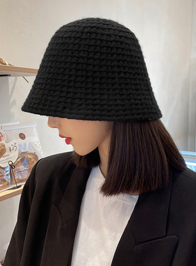 日本保暖针织羊毛水桶帽渔夫帽女秋冬韩版潮百搭黑色小沿毛线盆帽