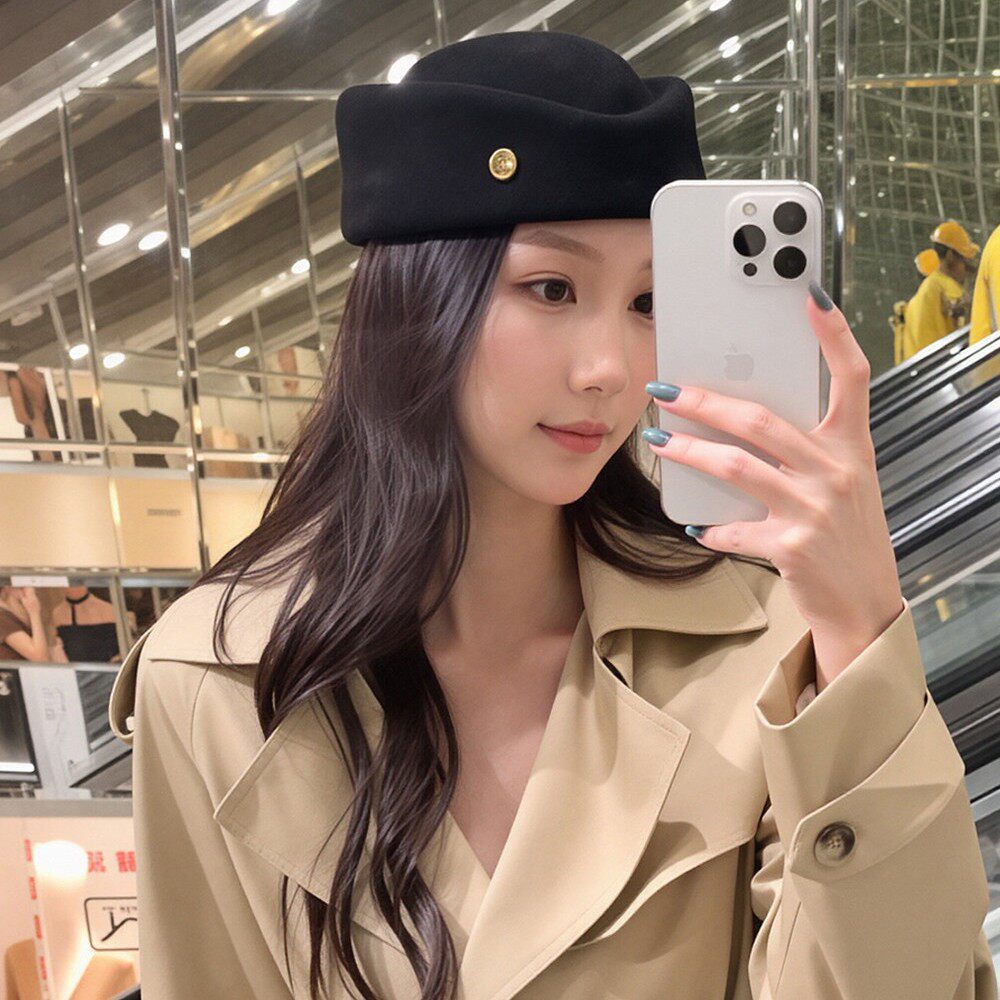 韩国千金风定型羊毛呢药盒帽女秋冬季优雅黑色显脸小高级感空姐帽