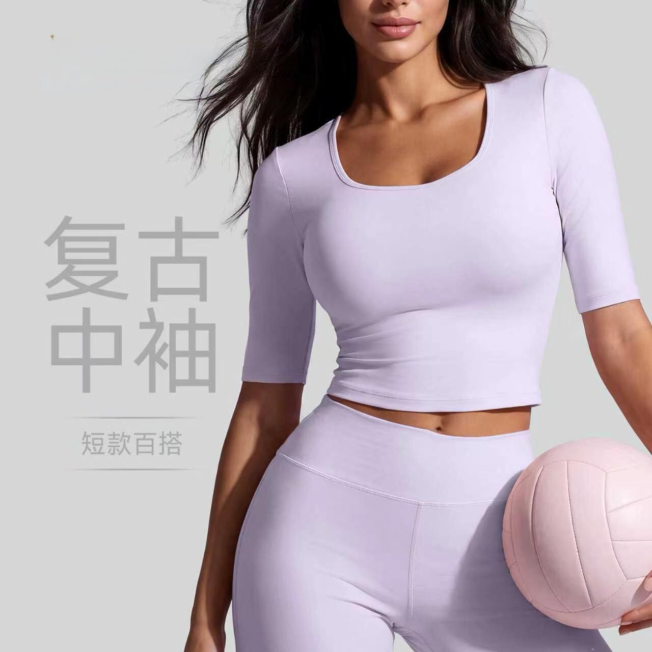 紧身短款中袖高弹透气瑜伽T恤女