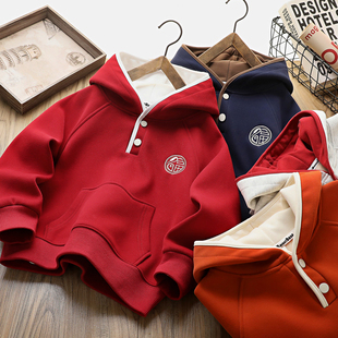 男童加绒卫衣冬款2026新款儿童红色连帽衫中大童男孩百搭休闲上衣
