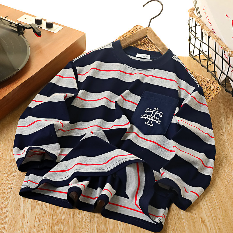 男童贴袋条纹T恤春秋季2026款儿童洋气上衣长袖t恤男孩时髦打底衫,童装/婴儿装/亲子装,T恤,淘宝优惠券,粉丝福利购,淘宝优惠卷