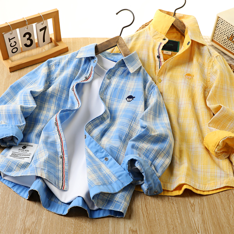 男童格子衬衫长袖纯棉2025春秋款中大童休闲上衣儿童帅气翻领衬衣