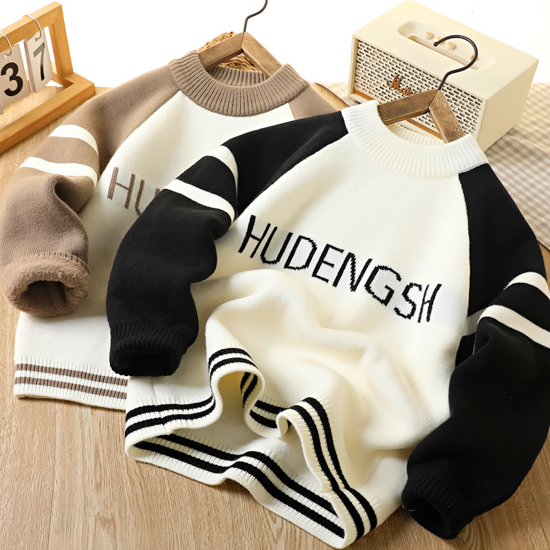 男童加绒毛衣冬季2025新款儿童一体绒保暖中大童男孩加厚打底针织