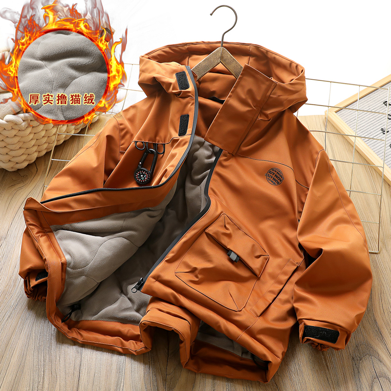 男童夹棉冲锋衣2025冬季新款中大童休闲外套户外加绒保暖连帽棉服