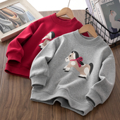 X男童加绒卫衣冬新款 2026儿童装 中大童加厚保暖圆领印花小马上衣