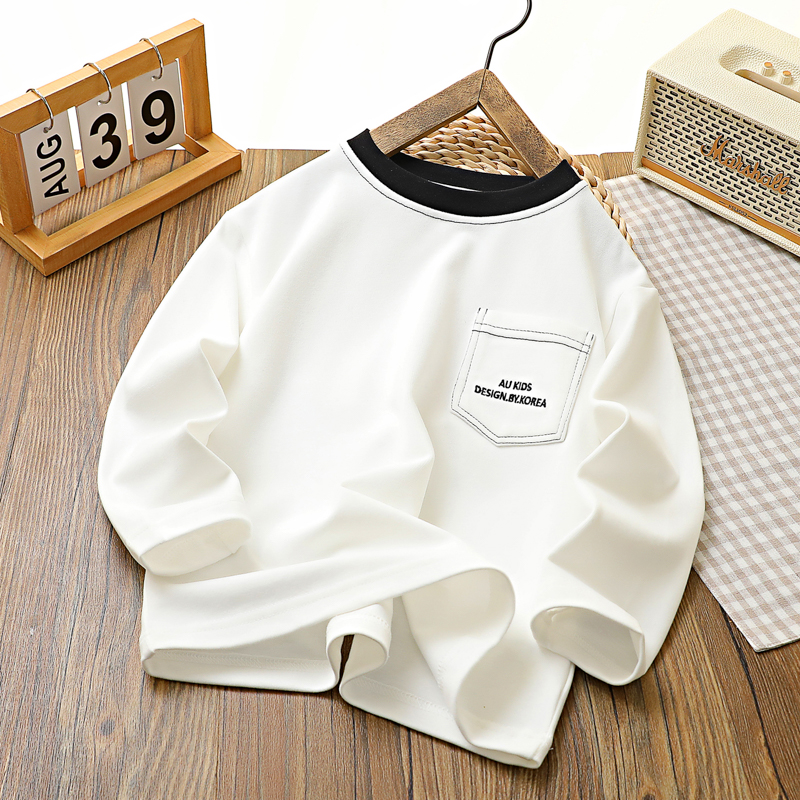 男童休闲圆领贴布口袋长袖T恤