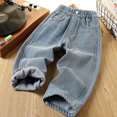 男童加绒牛仔裤秋冬新款2025儿童装一体绒百搭加厚裤子中大童长裤