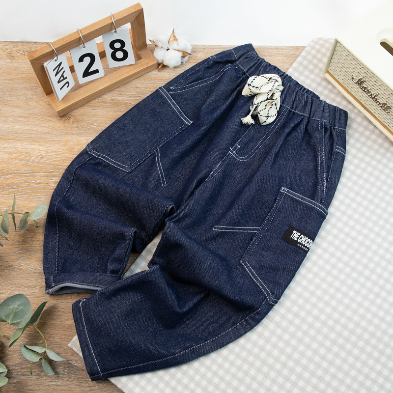 男童大口袋净色牛仔长裤