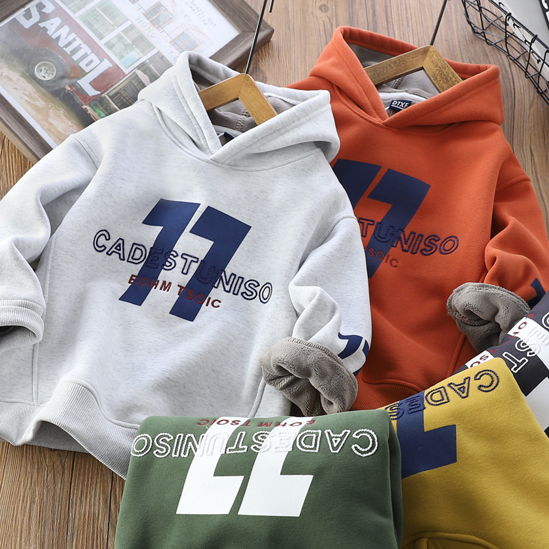 X男童加绒连帽卫衣秋冬新款儿童装时尚休闲保暖中大童百搭上衣