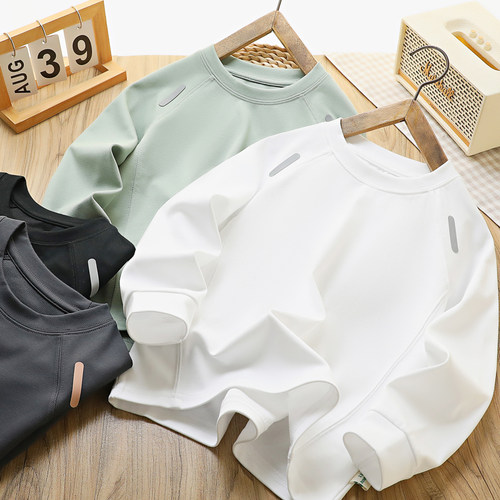 男童长袖T恤7A抗菌拼接反光2026春秋新款大童棉休闲运动打底上衣