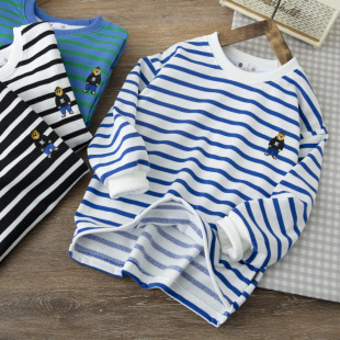 长袖 圆领打底衫 T恤 中大童套头儿童装 男童条纹休闲卫衣2025春秋款