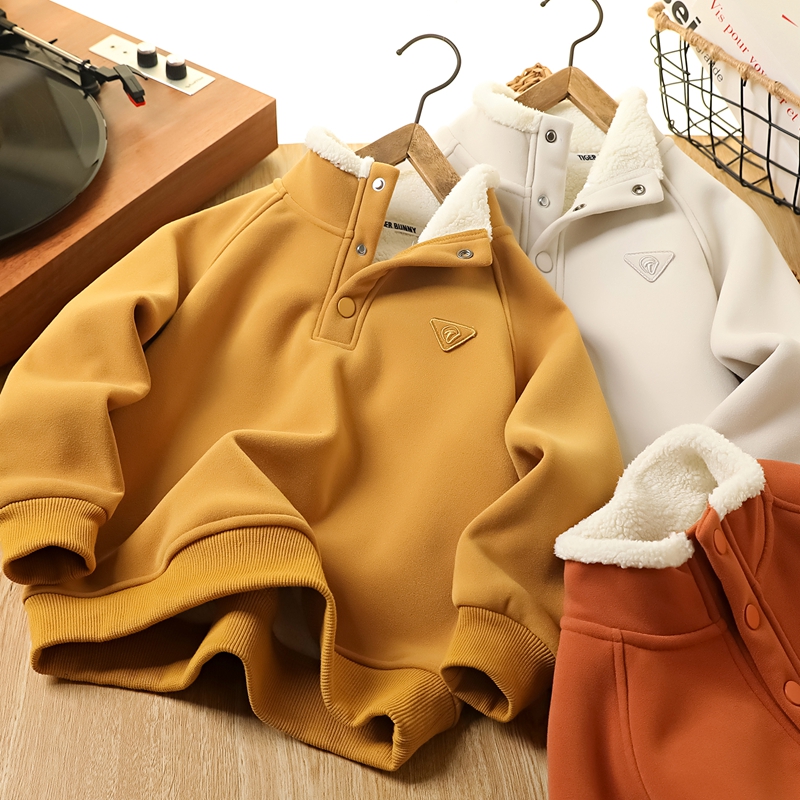 男童加绒卫衣冬季新款2025儿童羊驼绒加厚保暖半开领男孩休闲上衣