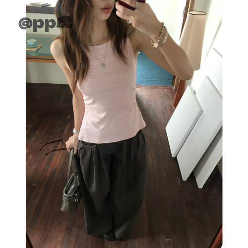 pp虎''条条背心''夏季韩系条纹两色后背绑带背心T26624