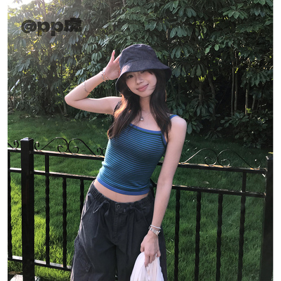 pp虎''彩色笔记本''夏季美式显瘦三色条纹细肩带背心T26633