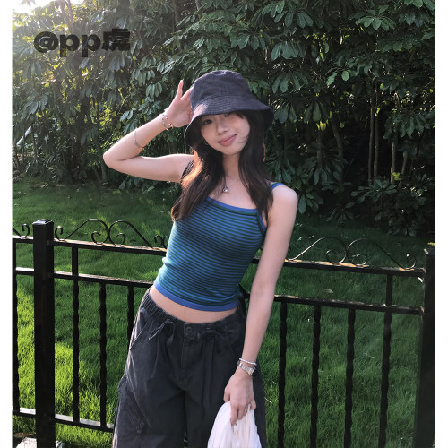 pp虎''彩色笔记本''夏季美式显瘦三色条纹细肩带背心T26633
