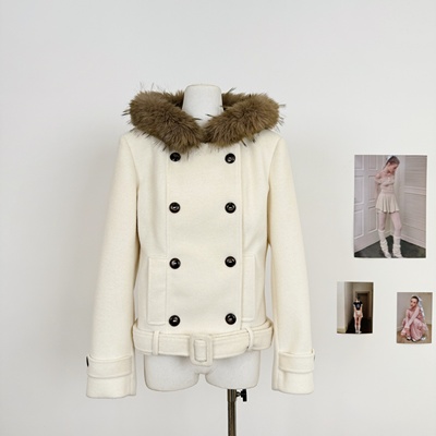 毛领双排扣短款毛呢羊毛大衣连帽外套女收腰秋冬加厚