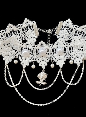 白色玫瑰女王风蕾丝结婚庆短项链