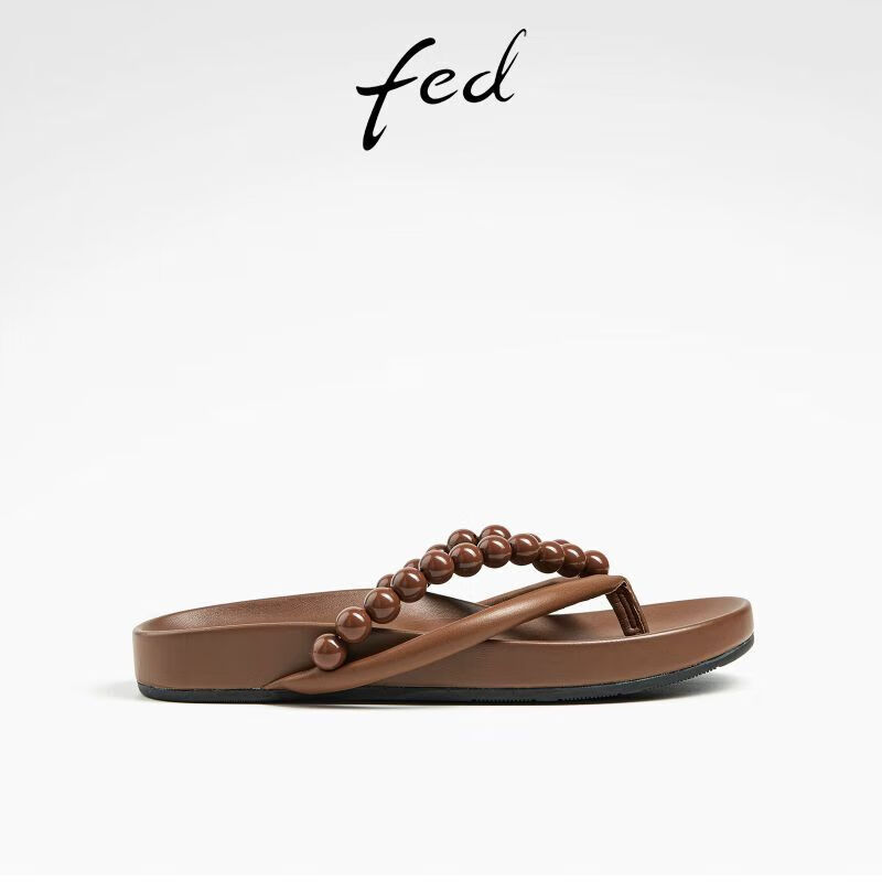 FED羊皮女凉鞋夏夹趾真皮平底居家户外沙滩休闲人字拖凉拖鞋外穿