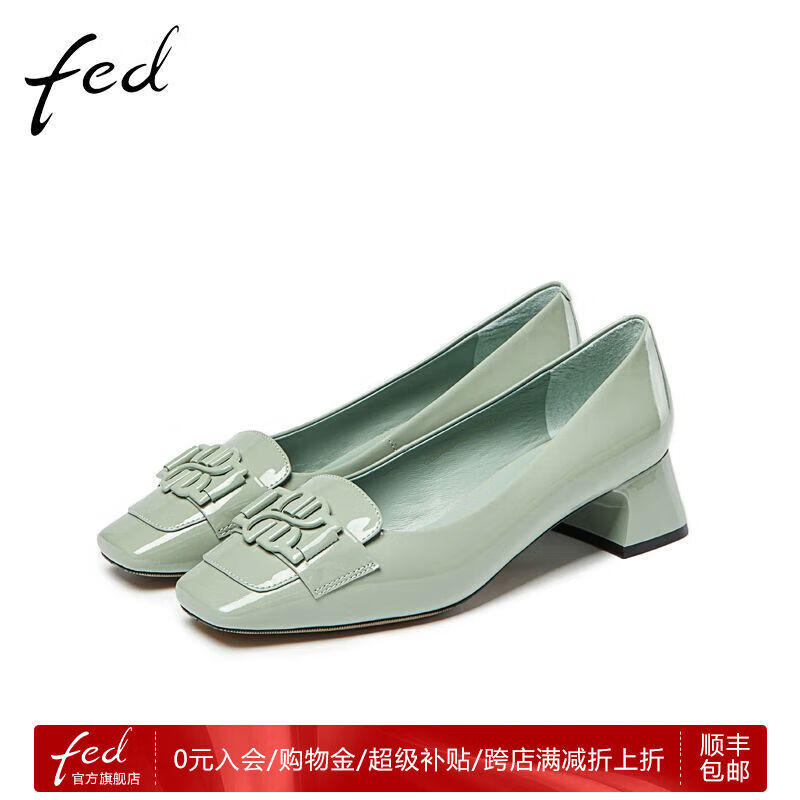FED时尚粗跟单鞋2023年春季新款女鞋中跟方头高跟鞋R0222-YAC060