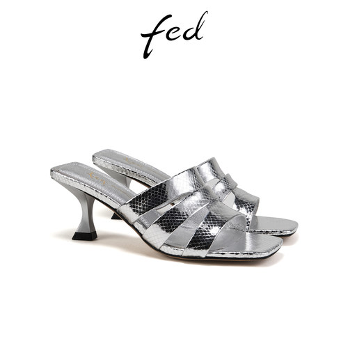 fed一字带高跟鞋夏季新款女鞋银色拖鞋真皮凉拖女款S0331-YAB925