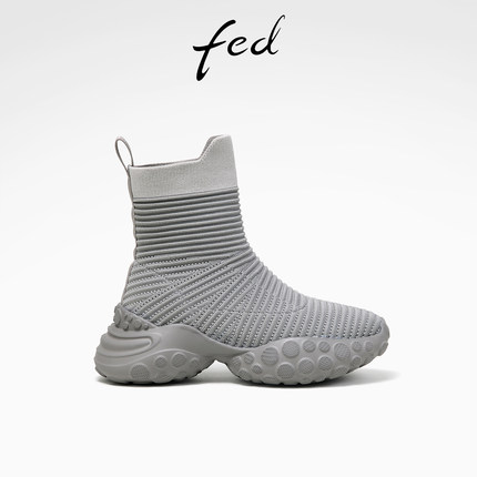 fed超轻厚底秋冬女鞋羊皮垫松糕运动休闲靴子女短靴袜靴瘦瘦靴女