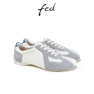 fed头层牛皮女鞋秋季圆头真皮平底运动休闲鞋小白鞋板鞋德训鞋女