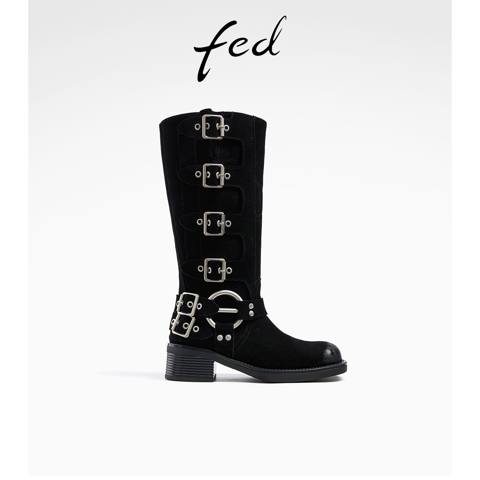 fed高丝光反绒皮秋冬真皮粗跟女靴子女高筒西部靴猎户靴骑士靴女