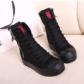 776全黑色高帮帆布鞋 侧拉链休闲女鞋 女韩版 潮厚底内增高女鞋