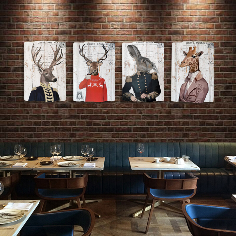 纽约公寓复古餐厅装饰画动物木板画酒吧壁挂画工业风背景墙面装饰图片