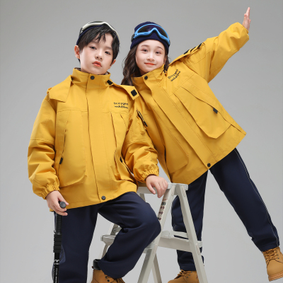 日本无印mu男女童装外套冲锋衣三合一登山服焦黄色中大童滑雪服三