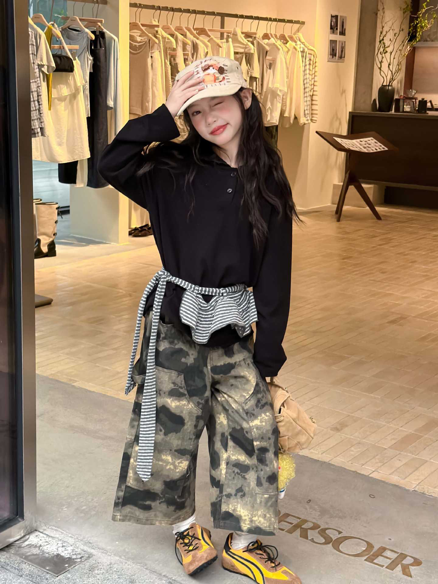 甜甜家 女童美式复古迷彩工装裤2026秋装儿童辣妹潮酷阔腿九分裤