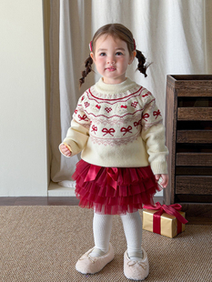 女宝宝公主网纱蛋糕裙ins 冬装 甜甜家 女童韩系蝴蝶结毛衣短裙套装