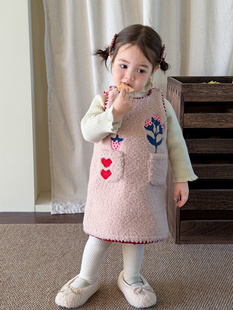 甜甜家 女童韩系羊羔毛背心裙夹棉套装冬装女宝宝洋气保暖连衣裙