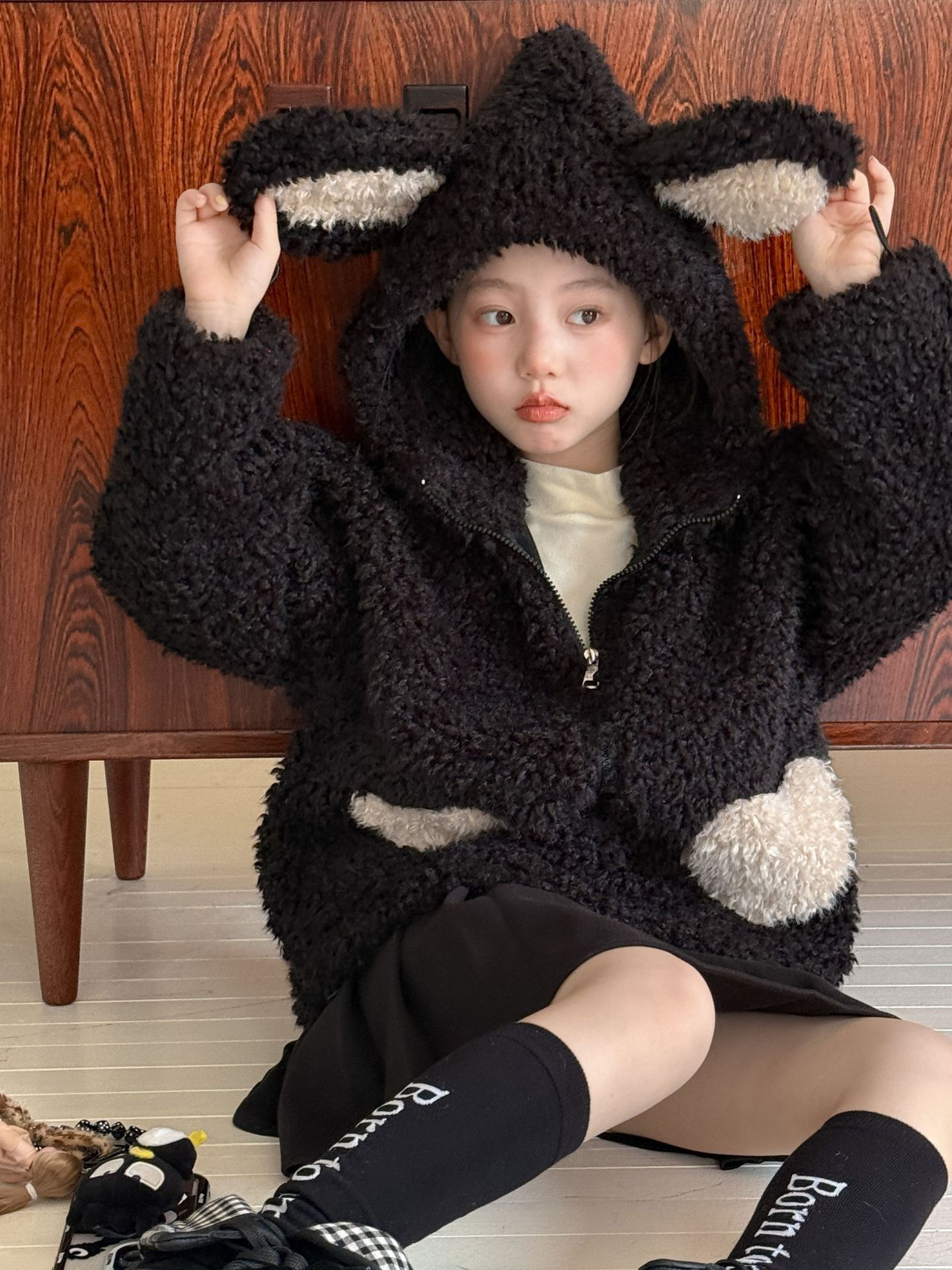 甜甜家 女童兔耳朵羊羔毛外套加厚冬季儿童爱心口袋保暖毛毛上衣