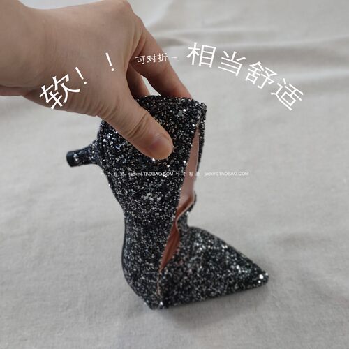 仅1对~纯原！特价~时髦性感显瘦猫跟 尖头亮片黑银色真皮高跟鞋女