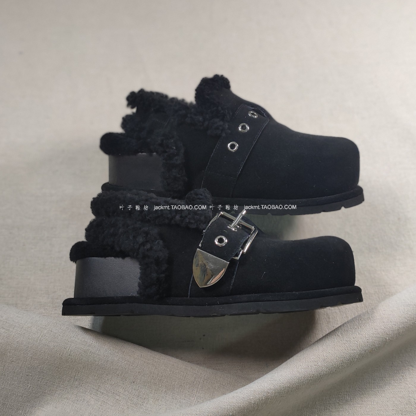 仅1对~纯原！特价~保暖增高 后跟空百搭黑色乐福凉鞋羊毛奶奶鞋女